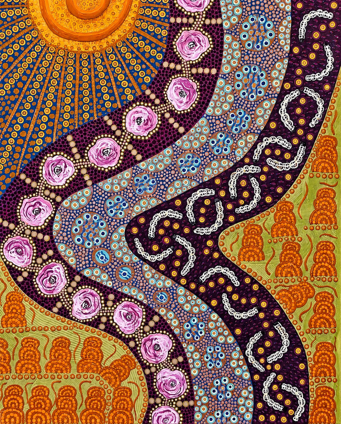 Colourful Aboriginal artwork with flowing patterned bands