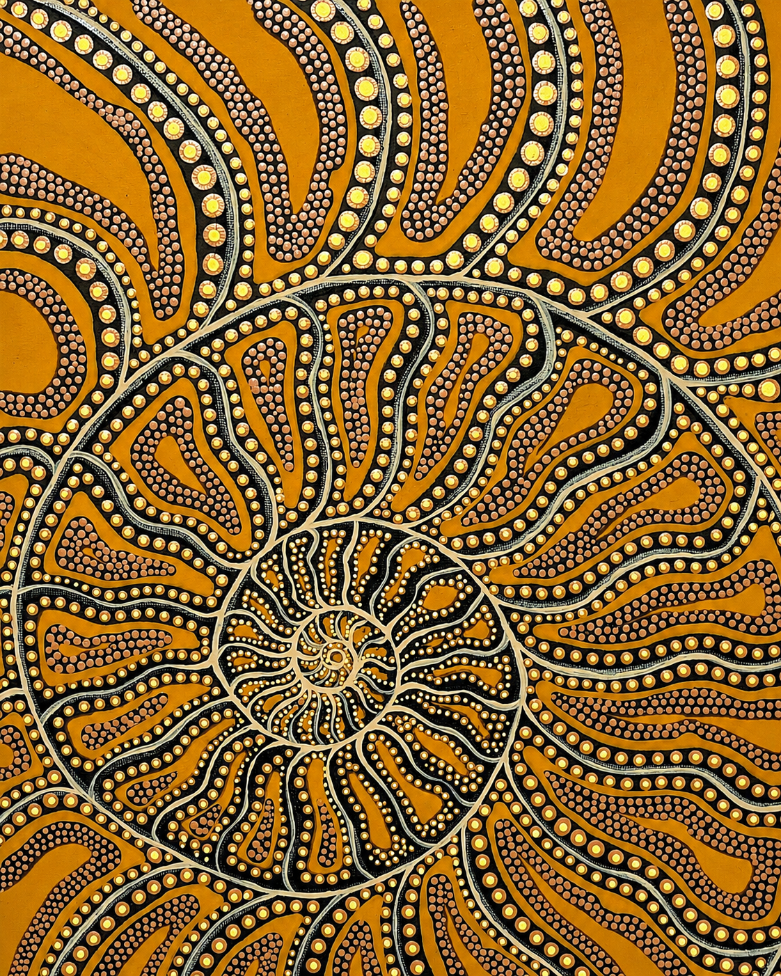 Golden Aboriginal artwork with radiating dotted forms