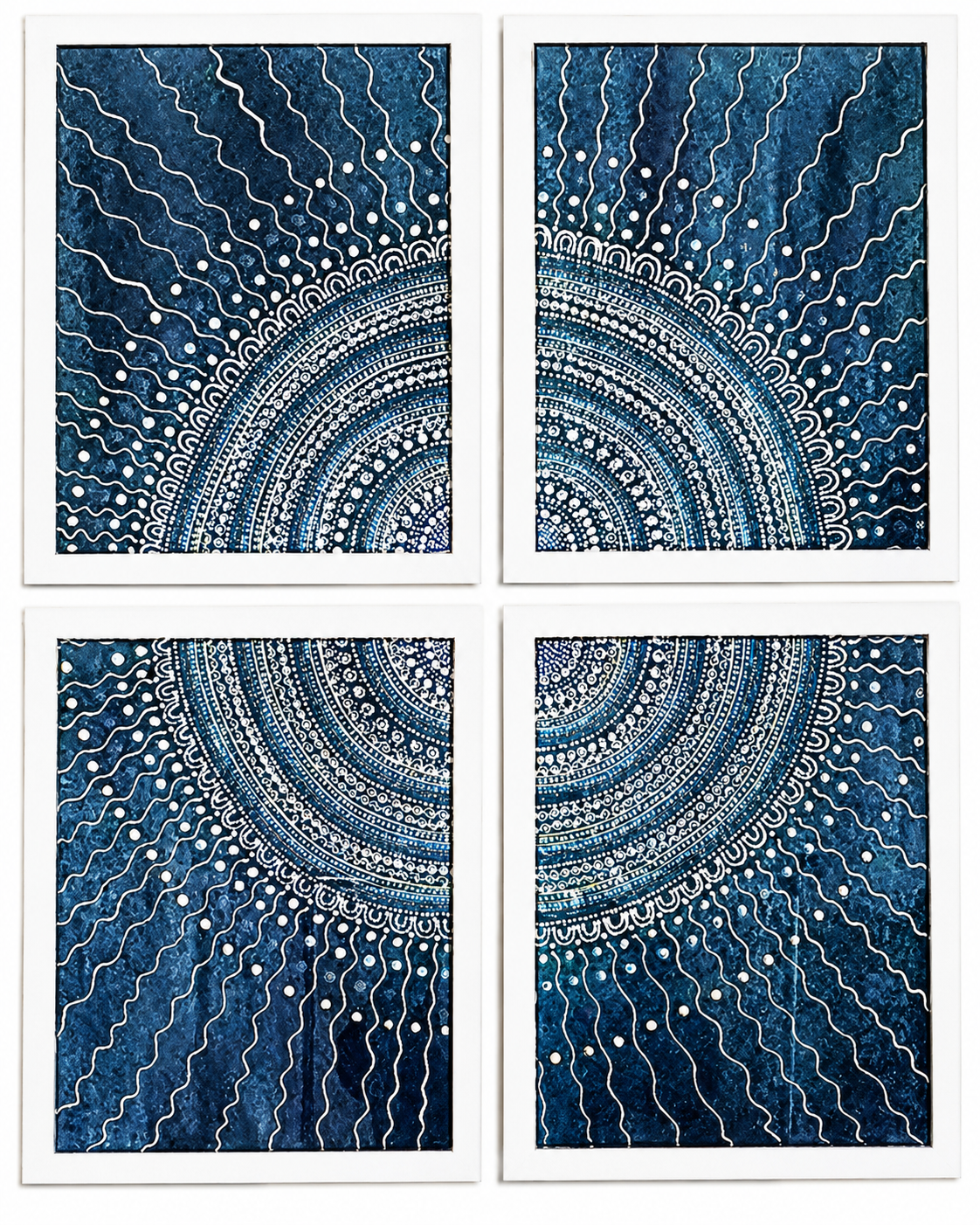 Blue and white circular Aboriginal artwork